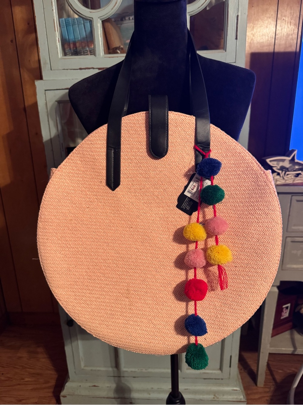 Boho Round Straw Woven Tote with Colorful Pom-Pom Charm Bag NWT